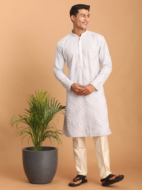 Vastramay Men's Aqua Blue Mirror Kurta Pant Set